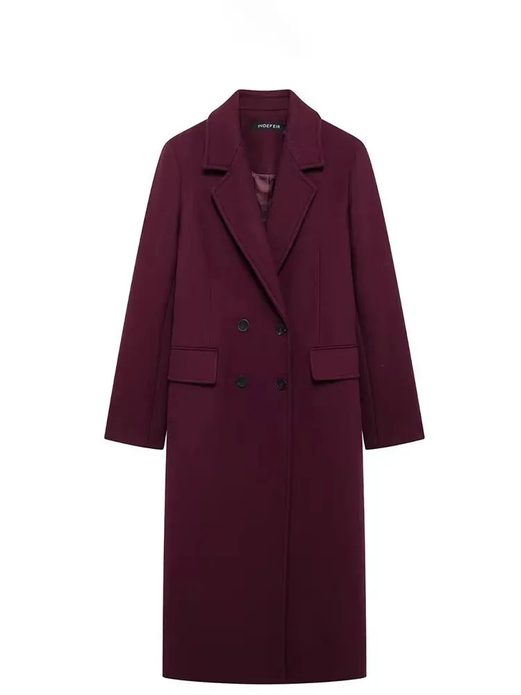 HH Moda Feminina Casaco Borgonha Duplo Breasted Manga Longa Lapela Misturas Jaqueta Outono Inverno High Street Outerwear