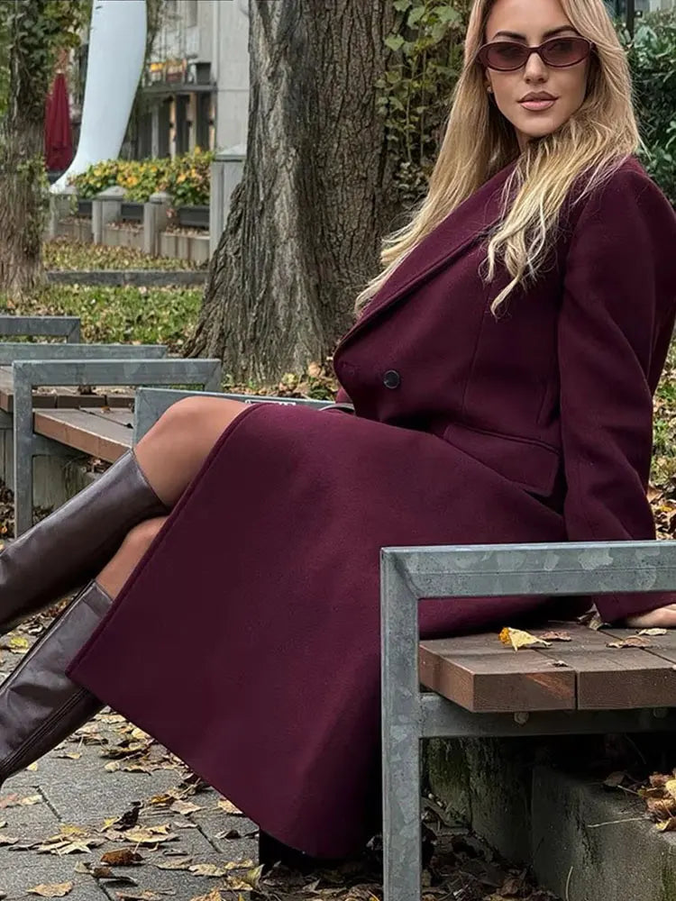 HH Moda Feminina Casaco Borgonha Duplo Breasted Manga Longa Lapela Misturas Jaqueta Outono Inverno High Street Outerwear