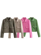 Hh jaquetas para mulheres outono moda sólida bolsos frontais botão manga longa jaqueta elegante mulher casual outerwear casaco