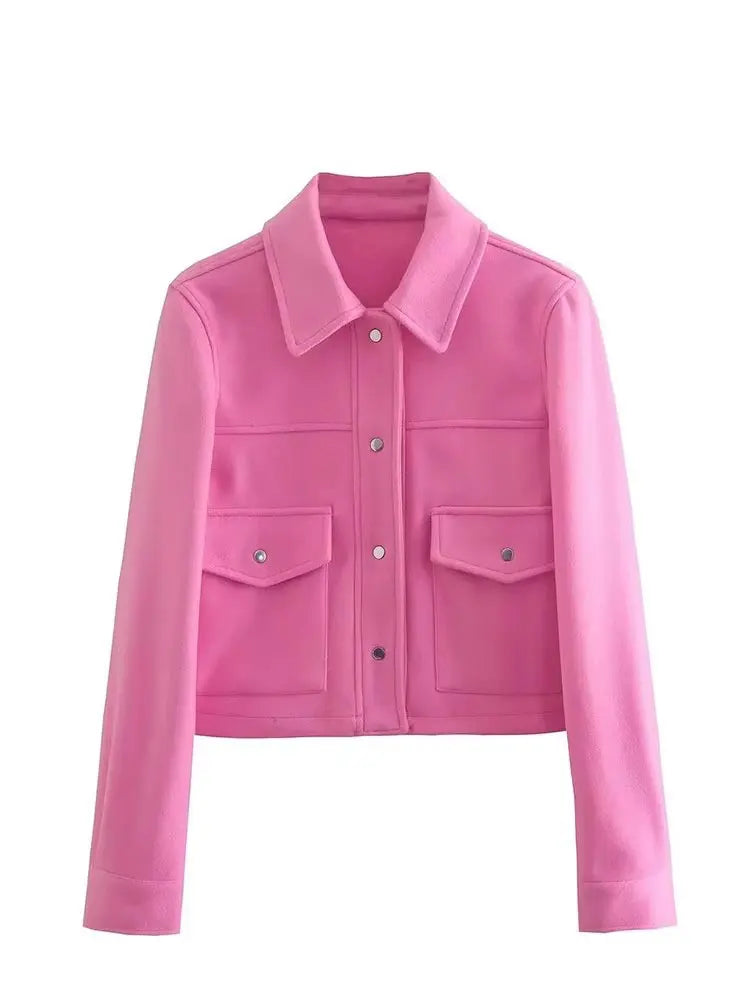 Hh jaquetas para mulheres outono moda sólida bolsos frontais botão manga longa jaqueta elegante mulher casual outerwear casaco
