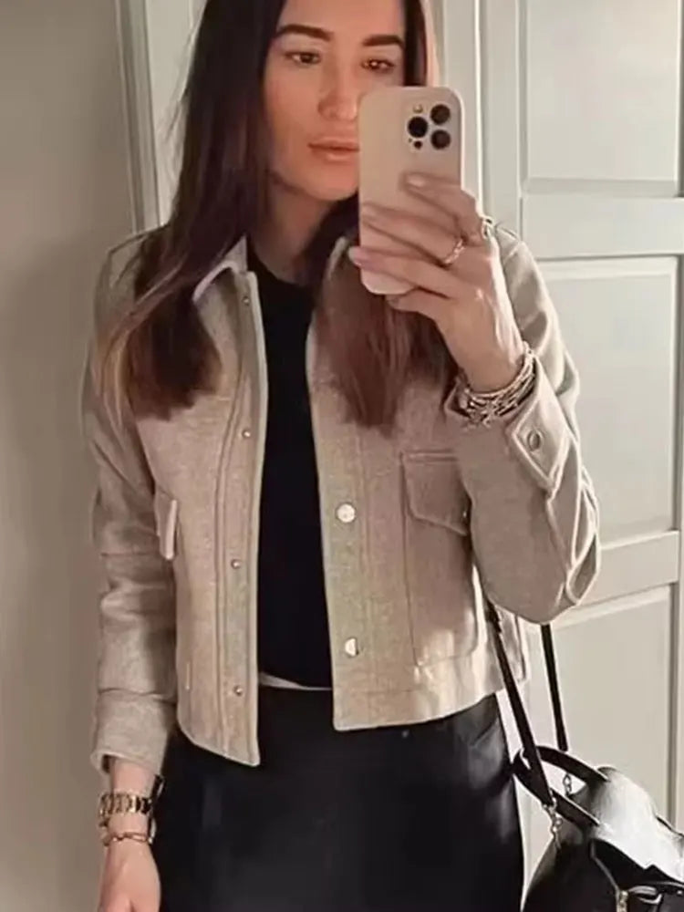 Hh jaquetas para mulheres outono moda sólida bolsos frontais botão manga longa jaqueta elegante mulher casual outerwear casaco