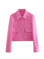 Hh jaquetas para mulheres outono moda sólida bolsos frontais botão manga longa jaqueta elegante mulher casual outerwear casaco