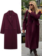 HH Moda Feminina Casaco Borgonha Duplo Breasted Manga Longa Lapela Misturas Jaqueta Outono Inverno High Street Outerwear
