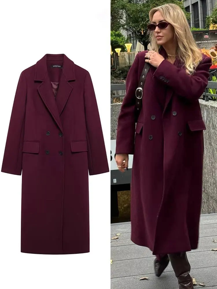 HH Moda Feminina Casaco Borgonha Duplo Breasted Manga Longa Lapela Misturas Jaqueta Outono Inverno High Street Outerwear