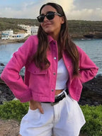 Hh jaquetas para mulheres outono moda sólida bolsos frontais botão manga longa jaqueta elegante mulher casual outerwear casaco