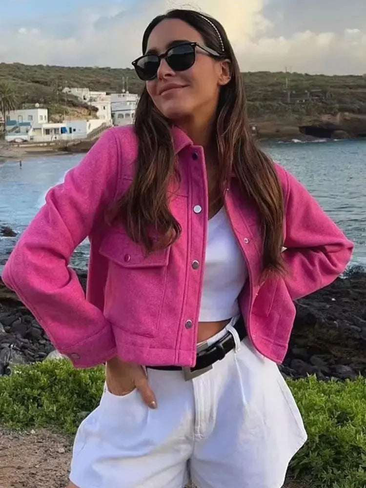Hh jaquetas para mulheres outono moda sólida bolsos frontais botão manga longa jaqueta elegante mulher casual outerwear casaco